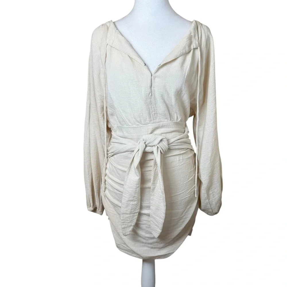 Free People Mini Dress XS Cream Gauzy‎ Boho Peasant Ruched Buttons Neutral NWT